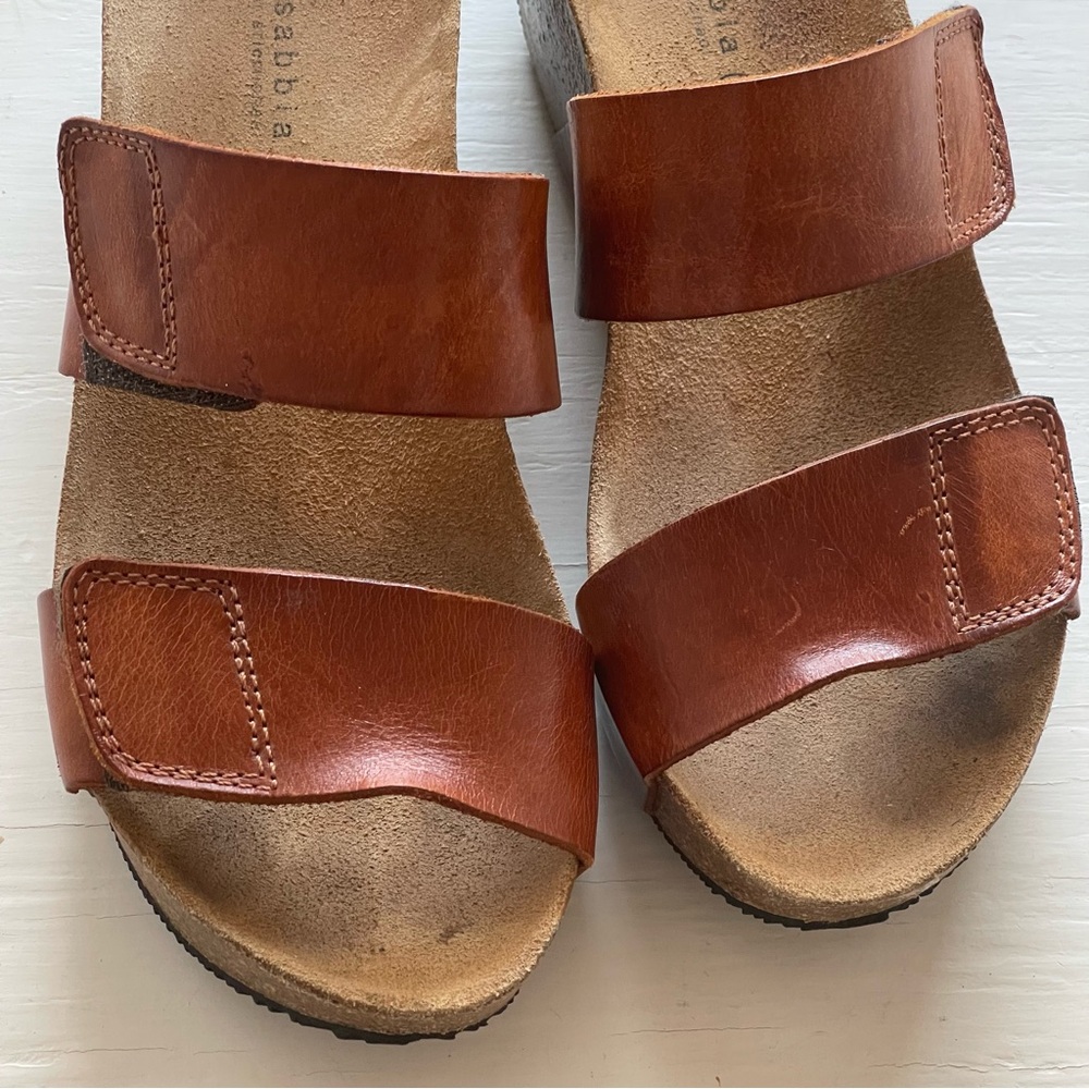 Size 40- Women’s Lola Sabbia Cork Camel Leather Adjustable Strap Wedge Sandals - Picture 10 of 12